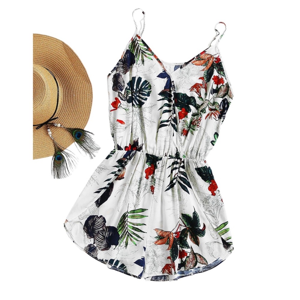 NWOT Small Summer Tropical Romper Coverup SheIn Cami V-neck Short Jumpsuit Small